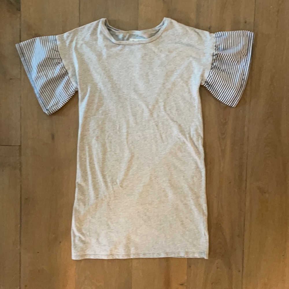 Grey T-Shirt Dress with Blue & White Sleeves